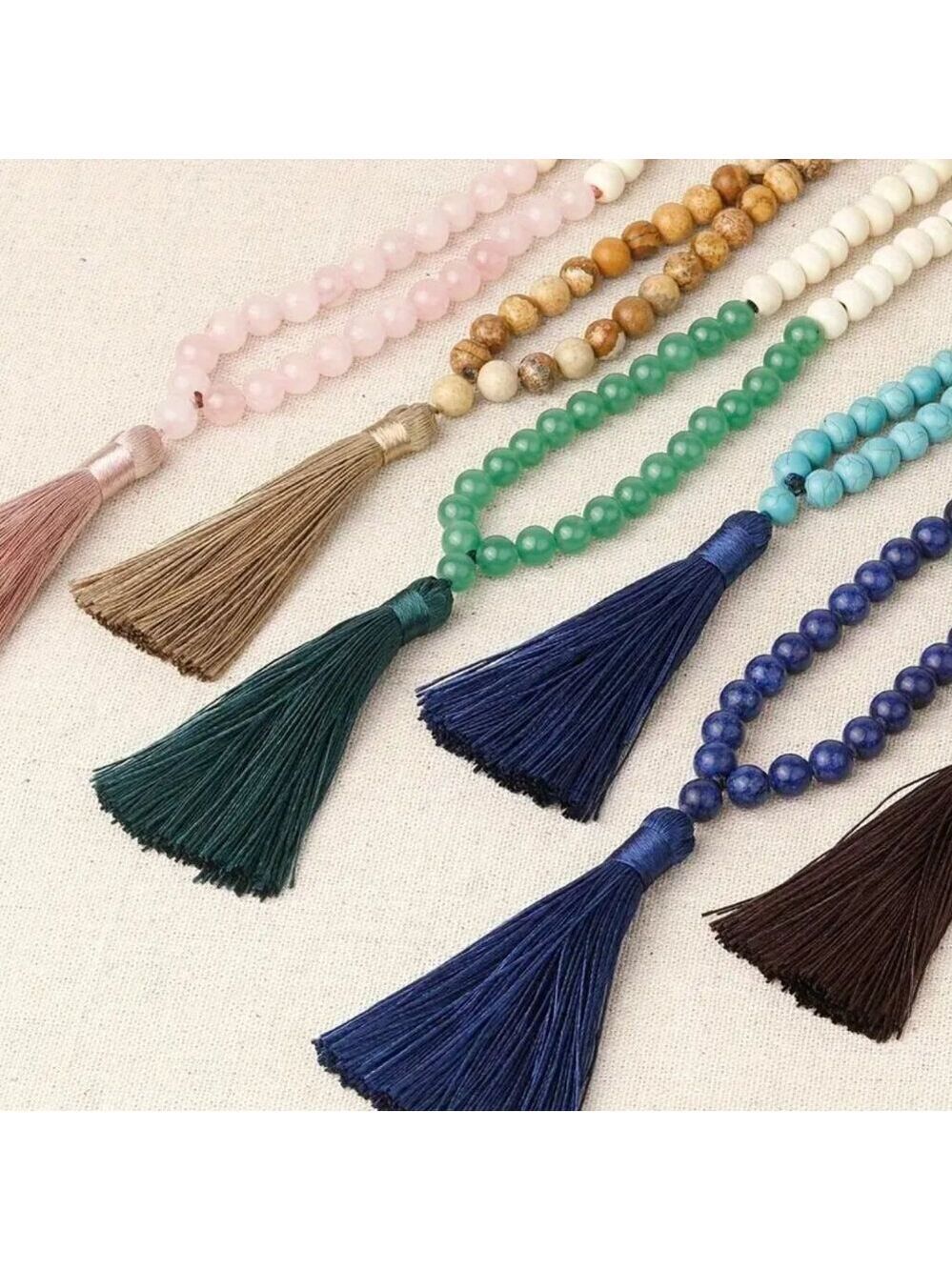 Handmade Boho Tassel Necklace Wooden & Blue Lapis Stone Beads β 34β Long #1501 - Picture 4 of 7